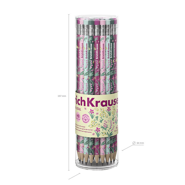 Карандаш ч/г HB ErichKrause Floral Soul, пластиковый, круглый, с ластиком, НВ (в тубусе)