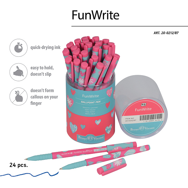 Ручка шариковая 0,5 мм "FunWrite. Сердечки. Эмоции. Малина" СИНЯЯ