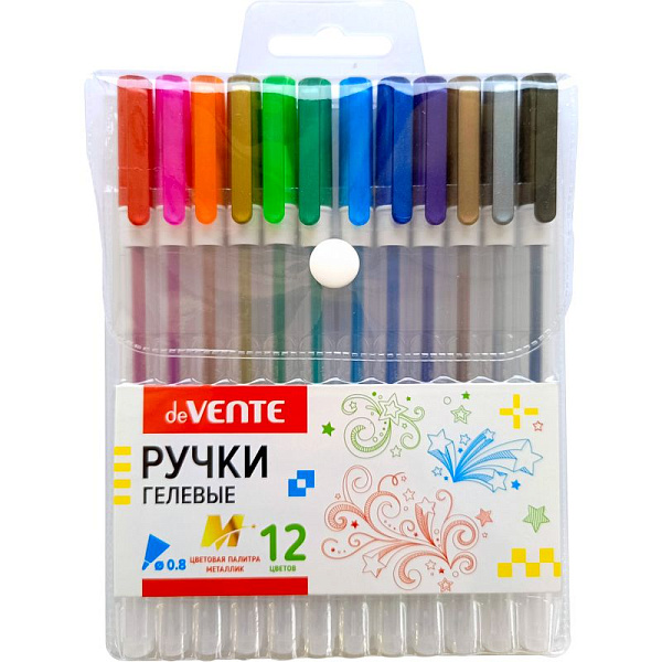 Набор ручек гелевых 12 цветов металлик, d=0,8 мм, "Hit Metallic", прозрачно-матовый корпус, сменный стержень, в пластиковом блистере