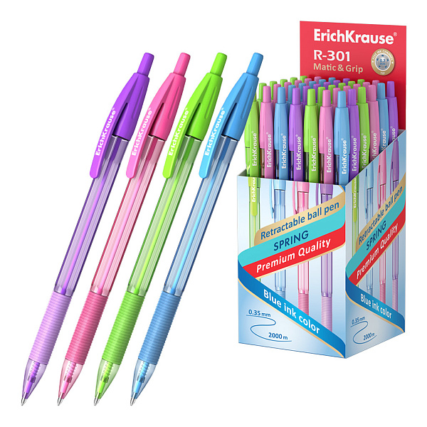 Ручка шариковая автоматическая 0,7 мм ErichKrause® R-301 Spring Matic&Grip СИНЯЯ,  (в коробке)