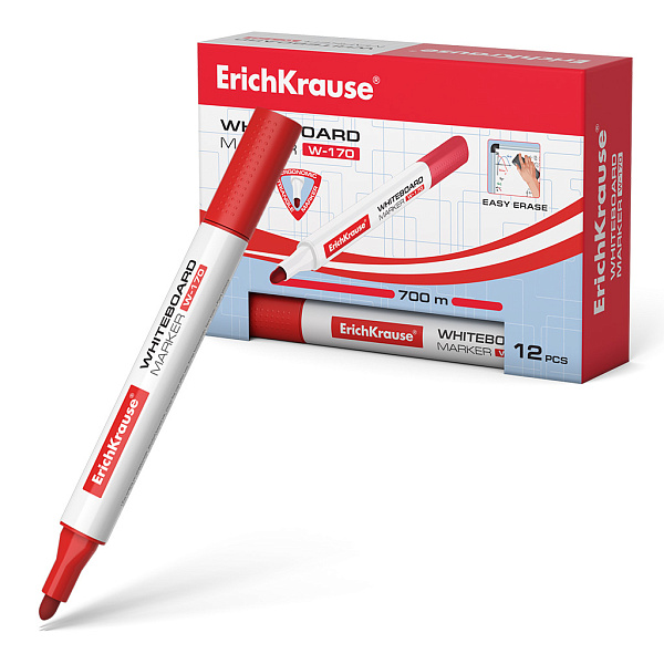 Маркер для доски ErichKrause® W-170, цвет чернил красный (в коробке по 12 шт.)
