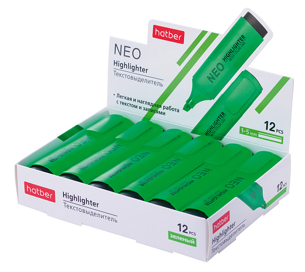 Маркер-текстовыделитель Hatber NEO флуоресцентные чернила клиновидный пишущий узел Зеленый в картонной Дисплей-витрине