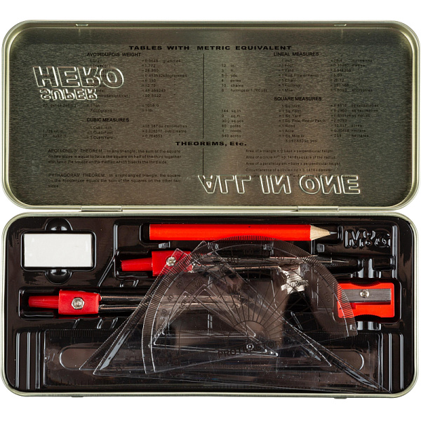 Готовальня 10 пр. M&G (карандаш, два треугольника, два циркуля, линейку, транспортир, точилку и ластик) в метал коробке