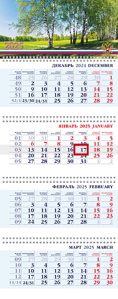 Календарь 2025 4-х блоч. на 4-х гребнях БИЗНЕС "Моя Россия" 297х755мм Бумага Офсет с бегунком 2-х цв. блок в индив.упак.