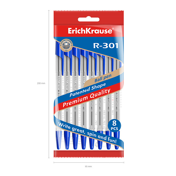 Набор из 8 ручек шариковых ErichKrause R-301 Stick Classic 1.0, СИНЯЯ (в пакете)