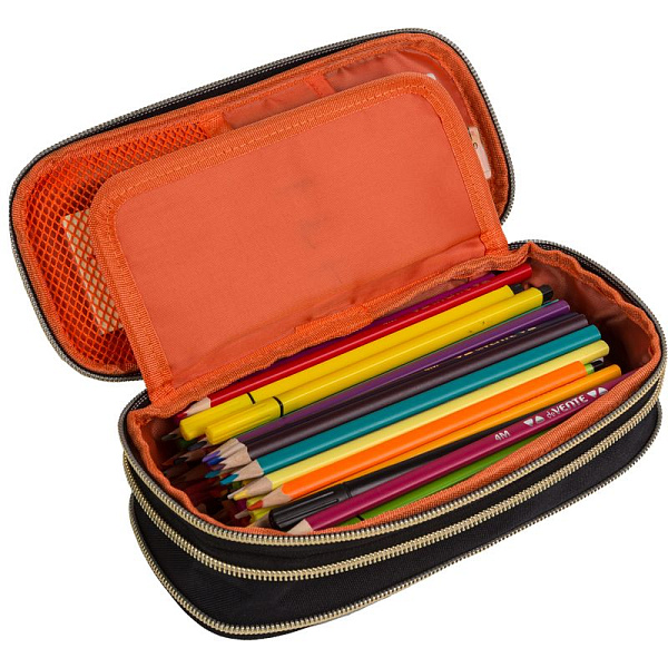 Пенал "deVENTE. Minimalism" 21x8x3(7) см, овальный с возможностью расширения черный, для 90 пр. с внутренним органайзером-створкой, 2-мя внутренними открытыми карманами, высококачественный полиэстер, тракторная серебристая молния, на молнии,