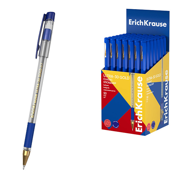 Ручка шариковая ErichKrause ULTRA-30 Gold Stick&Grip Classic 0.7, Super Glide Technology, цвет чернил синий (в коробке по 50 шт.)