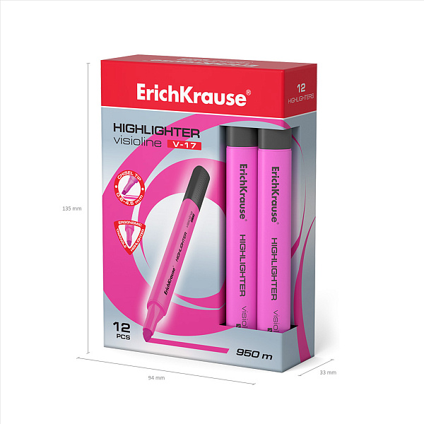 Маркер-текстовыделитель ErichKrause Visioline V-17 Neon, розовый (в коробке по 12 шт.)
