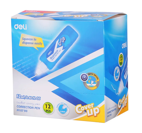 Корректирующая ручка 12 мл Deli голубой корпус белый  дисплей картонный