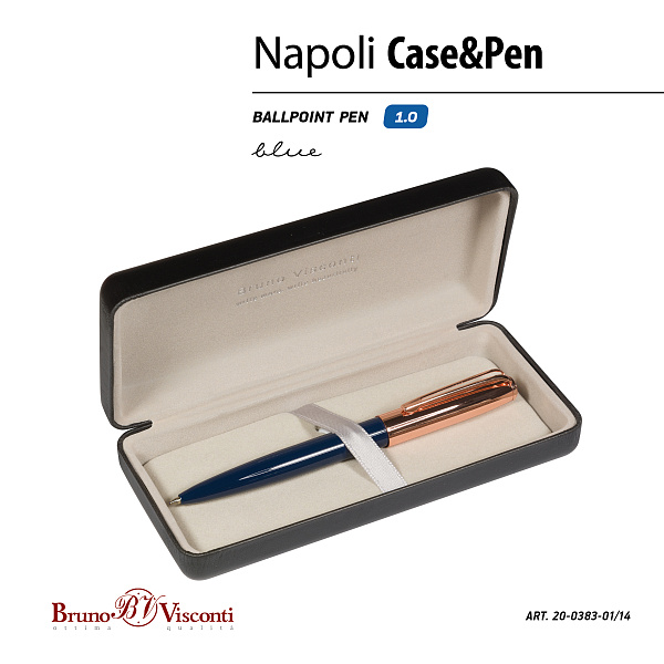 Ручка "NAPOLI" в футляре PREMIUM из экокожи, 1,0 ММ, СИНЯЯ (корпус син и роз золото, футляр черный) 
