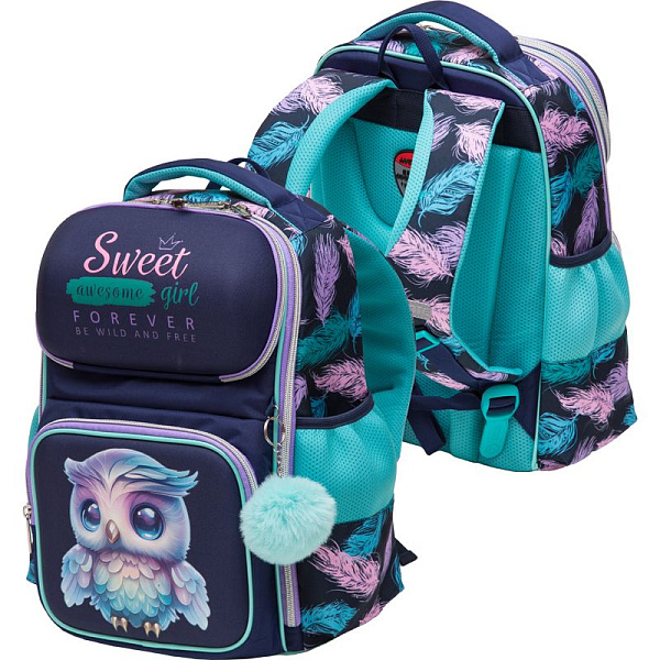 Ранец "deVENTE. Smart. Happy Owl" школьный жесткий 37x28x14 см (14 л) вес 800 г, 1 отделение на замке с карманом для учебников, 2 передних кармана на молнии, 2 боковых кармана на резинке с расширением, эргономичная формоустойчивая вентилируемая спинк