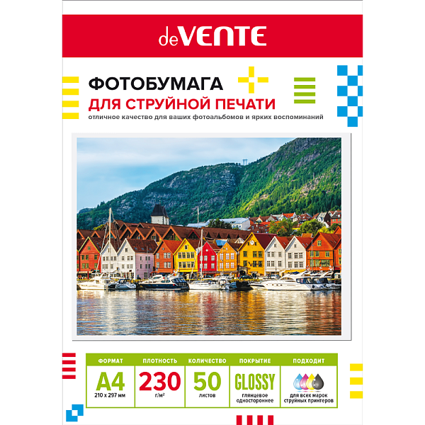 Фотобумага для струйной печати "deVENTE" A4, 50 л, 230 г/м², глянцевая односторонняя, в пластиковом пакете с европодвесом