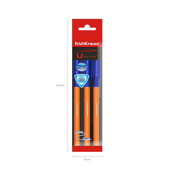 Набор из 3 ручек шариковых ErichKrause U-109 Stick&Grip Orange 0.7, Ultra Glide Technology, СИНЯЯ