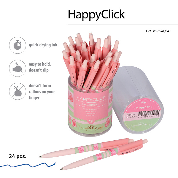 Ручка шариковая 0,5 мм "HappyClick. Ягодные тортики. Клубника" СИНЯЯ