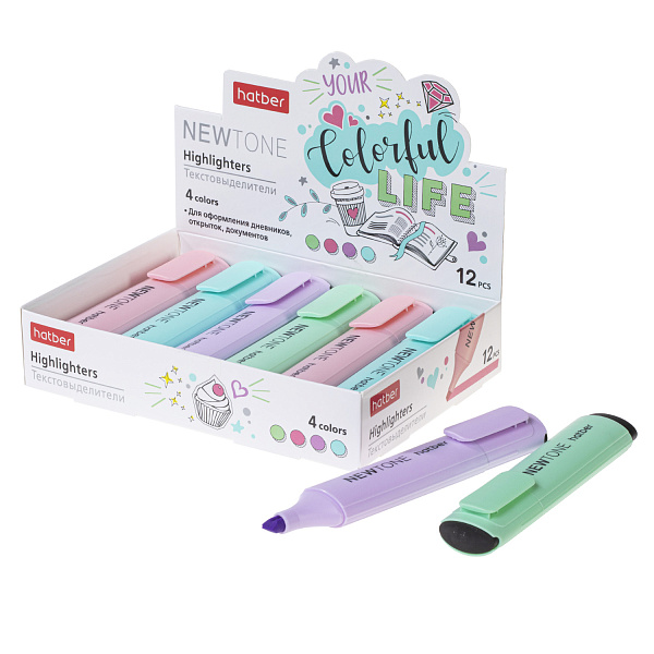 Маркер-текстовыделитель Hatber NEWtone PASTEL 1мм/5мм ассорти 12шт. в картонной коробке 