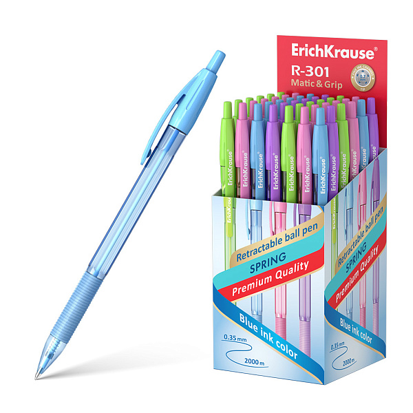 Ручка шариковая автомат. 0,7 мм ErichKrause® R-301 Spring Matic&Grip СИНЯЯ,  (в коробке по 50 шт.)