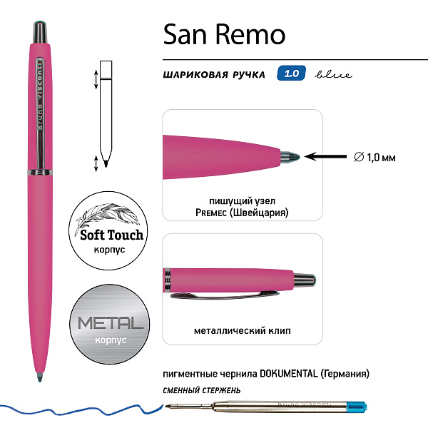 Ручка "SAN REMO" в тубуса круглой формы 1,0 ММ, СИНЯЯ (корпус фуксия, футляр белый)