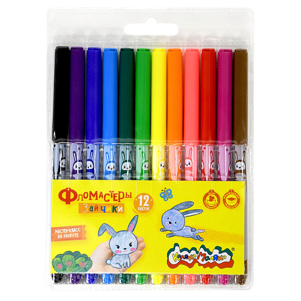 Фломастеры 12 цв. "Каляка-Маляка" "Зайчики", кругл. корп. легкосмываемые блист. упак. принт 