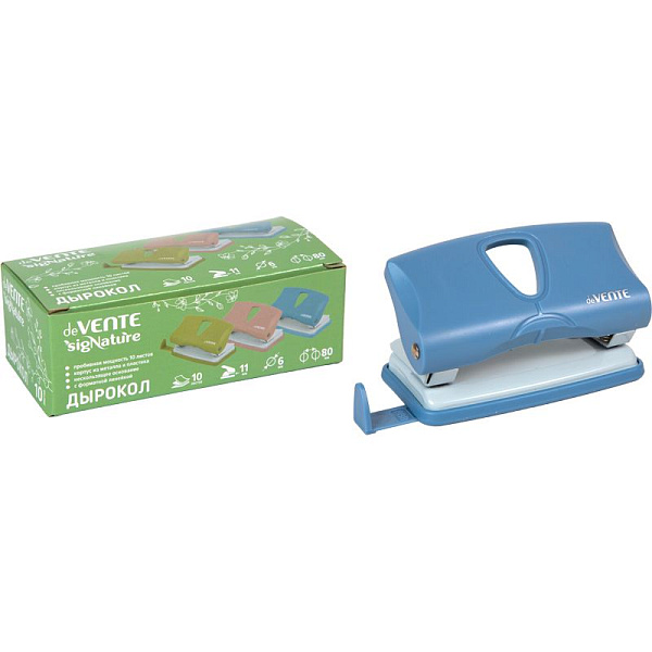 Дырокол на 10 л. "deVENTE. sigNATURE" цвет сумеречный синий, пластиковый с линейкой, в картонной коробке,