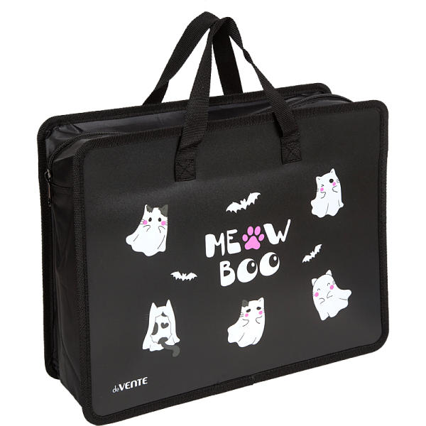 Папка для тетрадей, ИЗО и технологии "deVENTE. Ghost Meow" A4 (33,5x26x10 см) с текстильным расширением 10 см, на молнии сверху, пластик 400 мкм, текстильные ручки, в пластиковом пакете