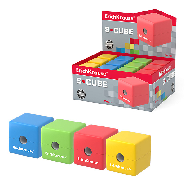 Точилка 1 отв. ErichKrause S-Cube, Neon, с контейнером, ассорти (в коробке-дисплее по 24 шт)