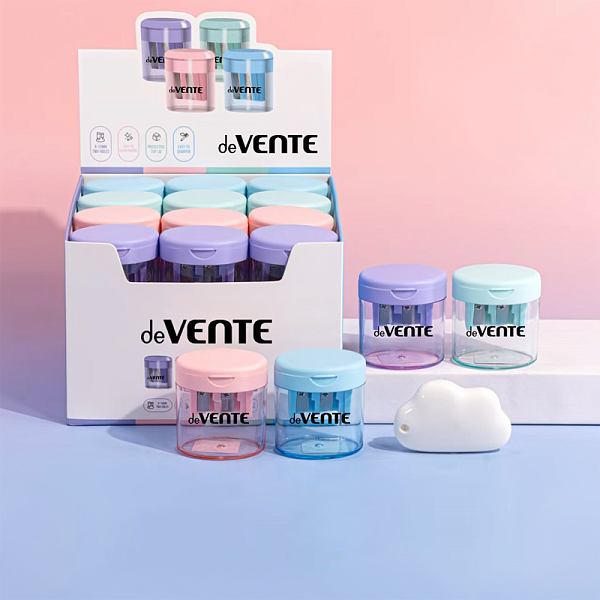 Точилка для карандашей "deVENTE. Pastel" 2 отверстия разных диаметров, с контейнером, пластмассовая, в картонном дисплей боксе, ассорти с индивидуальной маркировкой