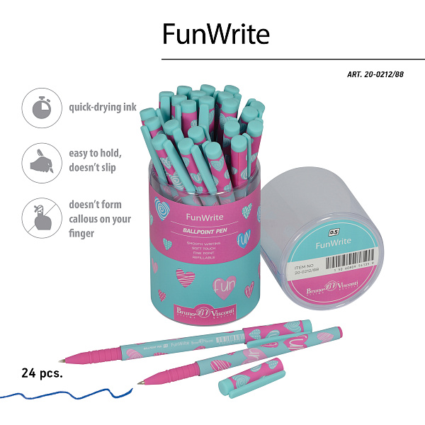 Ручка шариковая 0,5 мм "FunWrite. Сердечки. Эмоции. Бирюза" СИНЯЯ 