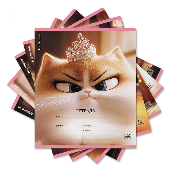 Тетрадь 12 листов в клетку ErichKrause Prima Cat, выборочный УФ-лак c глиттером (в плёнке по 10 шт.)_MIX-PACK