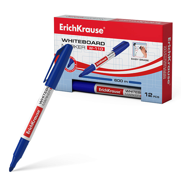 Маркер для доски ErichKrause® W-110, цвет чернил синий (в коробке по 12 шт.)