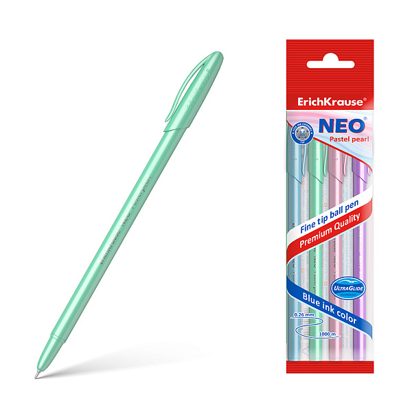 Набор из 4 ручек шариковых ErichKrause Neo® Stick Pastel 0.7, Super Glide Technology, цвет чернил синий (в пакете)
