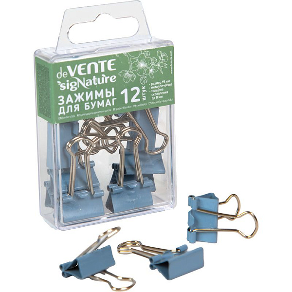 Зажим для бумаг 19 мм "deVENTE. sigNATURE" метал. цвет сумеречный синий, толщина скрепления до 8 мм, 12 шт в пластиковой коробке,