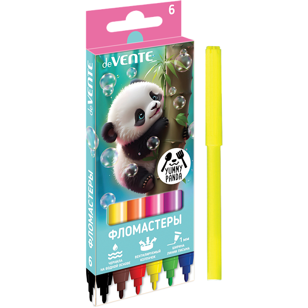 Фломастеры 6 цв. "deVENTE. Yummy Panda" с вентилируемым колпачком, в картонной коробке с подвесом