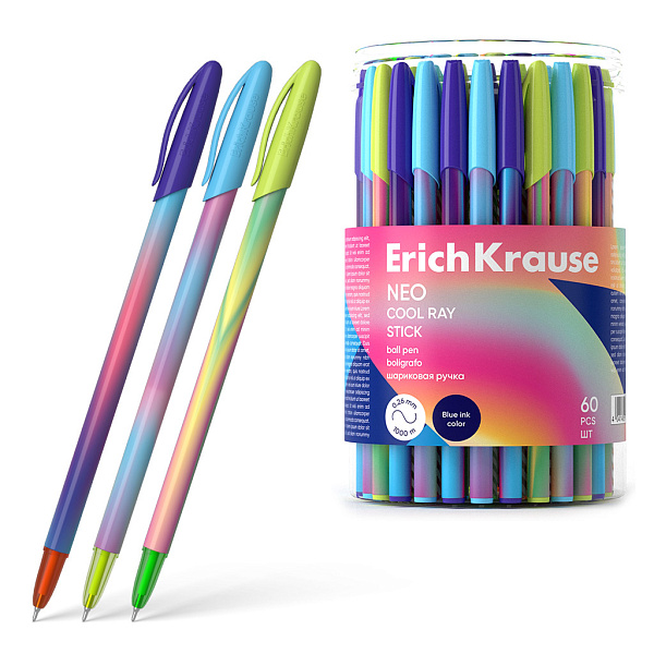 Ручка шариковая ErichKrause Neo® Stick Cool Ray 0.7, Super Glide Technology, синяя (в тубусе по 60 шт.)
