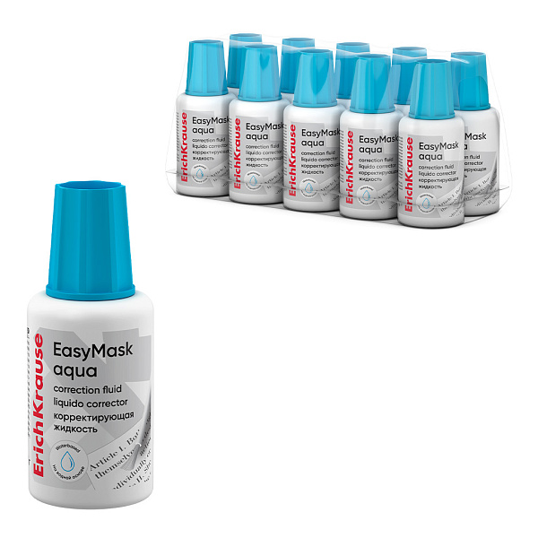 Корректир. жидкость 20 г с кисточкой ErichKrause EasyMask Aqua, на водной основе, (в пластиковом поддоне по 10 шт.)