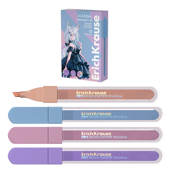 Маркер-текстовыделитель ErichKrause Visioline V-18 Manga, фиолетовый, розовый, бежевый, голубой (в коробке )