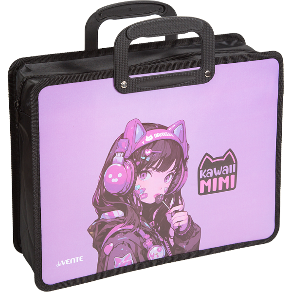 Папка для тетрадей, ИЗО и технологии "deVENTE. Kawaii Mimi" A4 (33,5x26x10 см) с текстильным расширением 10 см, на молнии сверху, пластик 400 мкм, пластиковые ручки, в пластиковом пакете