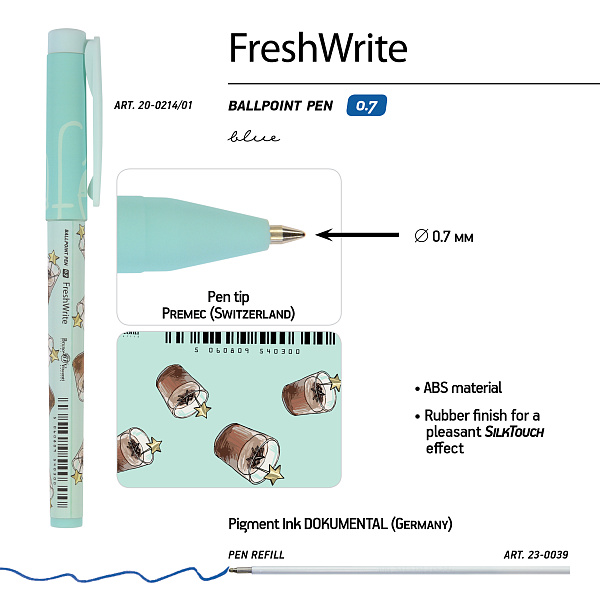 Ручка шариковая 0,7 мм "FreshWrite. Кофемания. Шоколадный коктейль" СИНЯЯ