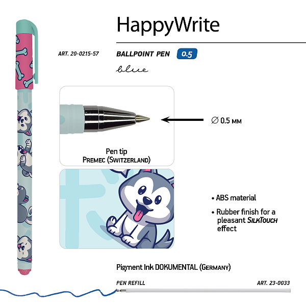 Ручка шариковая 0,5 мм "HappyWrite. KAWAII ANIMALS.Щеночек" СИНЯЯ 