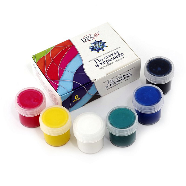 Акрил по стеклу и керамике 6 цв. 20мл. DecArt водорастворимые, полупрозрачные