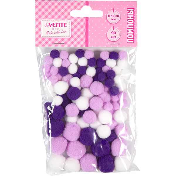 Набор помпонов для творчества "deVENTE. DIY" 90 шт, ассорти (10 мм - 54 шт, 15 мм - 24 шт, 20 мм - 12 шт) в пластиковом пакете с блистерным подвесом, оттенки лилового цвета