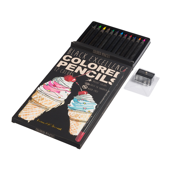 КАРАНДАШИ ЦВЕТНЫЕ ПЛАСТИКОВЫЕ  "Black Excellence" С ТОЧИЛКОЙ, 12 ЦВЕТОВ, 4 ВИДА (10702070/190723/3294953,КИТАЙ)