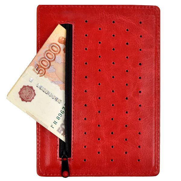 Картодержатель-органайзер арт./50 САРИФ КРАСНЫЙ (150х111 мм, двусторонний, 2 осн. отделения, 4 прорезных кармана, на обороте-карман на молнии с перфорацией, инд. ПЭТ-упак.)