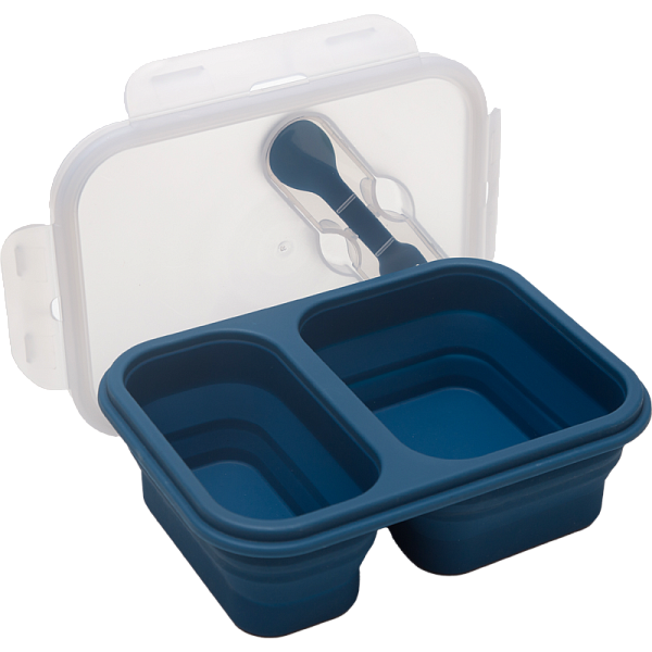 Ланчбокс складной герметичный "deVENTE" темно-синий, прямоугольный с 2-мя отдел. 1000 мл, 21,5x15x7,5 см, в сложенном виде высота 4 см, силиконовый, с пластиковой крышкой, с пластиковой вилкой-ложкой в комплекте,
