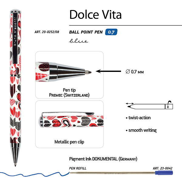 РУЧКА "DOLCE VITA. Сердечки.Фантазия" ШАРИКОВАЯ, МЕТАЛЛИЧЕСКИЙ КОРПУС, 0,7 ММ, СИНЯЯ (10129060/191218/0031160,КИТАЙ)