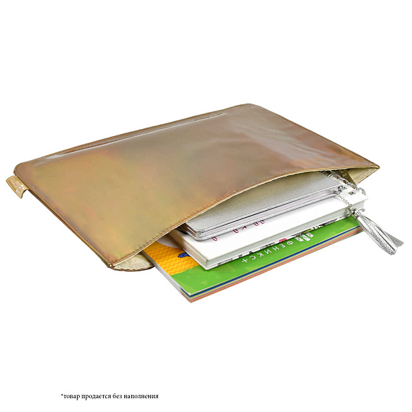 Папка для документов арт./25 БРОНЗОВЫЙ (А4, 33х24 см, одно отделение, металлизированный ПВХ, металлическая "собачка" в форме сердца, металлическая молния, молния, пэт-пакет)
