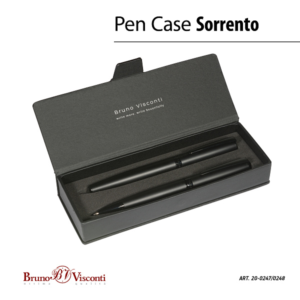 НАБОР "SORRENTO" Ручка шарик. 1.0 ММ И Ручка роллер 0.7 ММ, СИНИЕ (корпус черный, футляр черный)