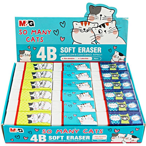 Ластик M&G So Many Cats, прямоугольный, 43x18x12 мм, ПВХ, белый, уп ассорти