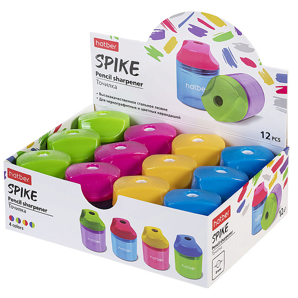 Точилка Hatber SPIKE Пластиковая Цветная с контейнером-Ассорти- 4 цв. 12шт. в картонной Дисплей-витрине