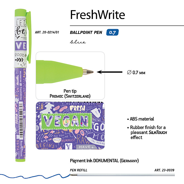 Ручка шариковая 0,7 мм "FreshWrite. Vegan. Черничный смузи" СИНЯЯ