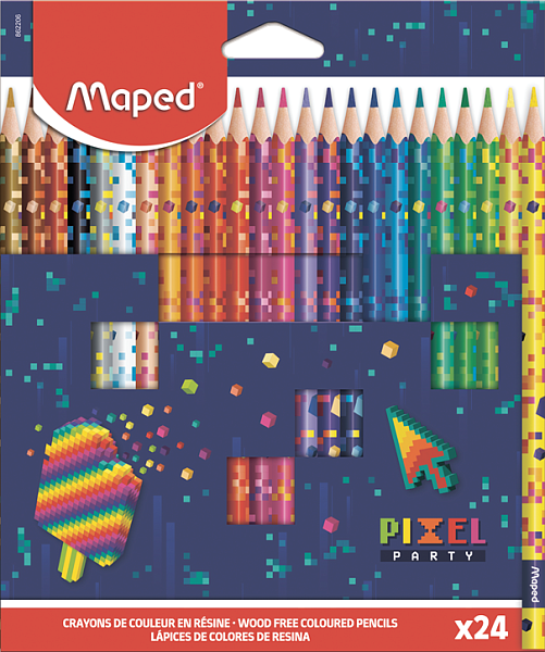 Карандаши 24 цв. Maped PIXEL PARTY пластиковые, треугольные, декорированные, в картонной коробке с подвесом 